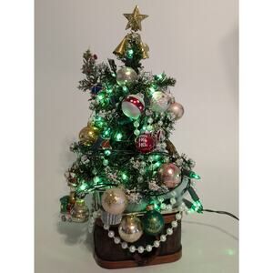 Decorated Tabletop Christmas Tree 14″ with Collectible Glass Ornaments & Lights